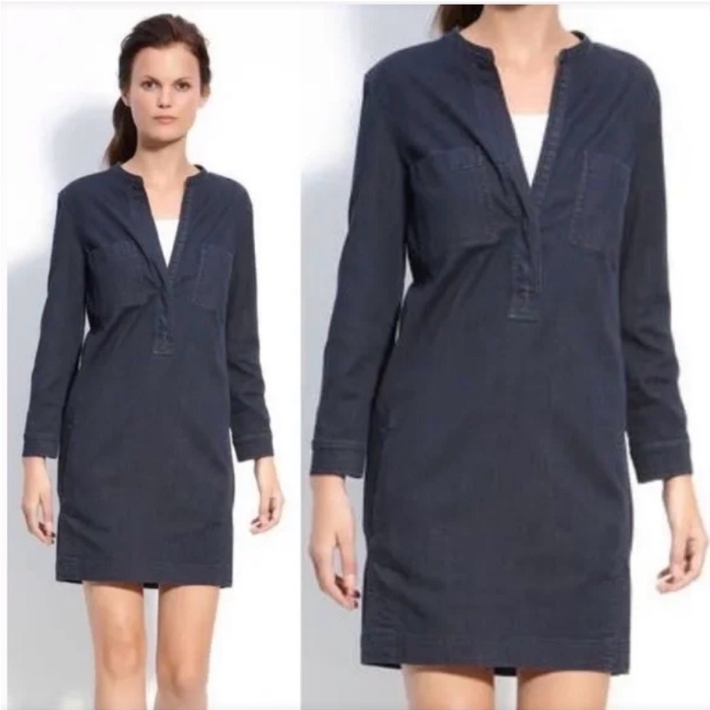 VINCE Mini Shirt Dress V Neck Stretch Denim Dark Wash Size 8 Resortwear Classic